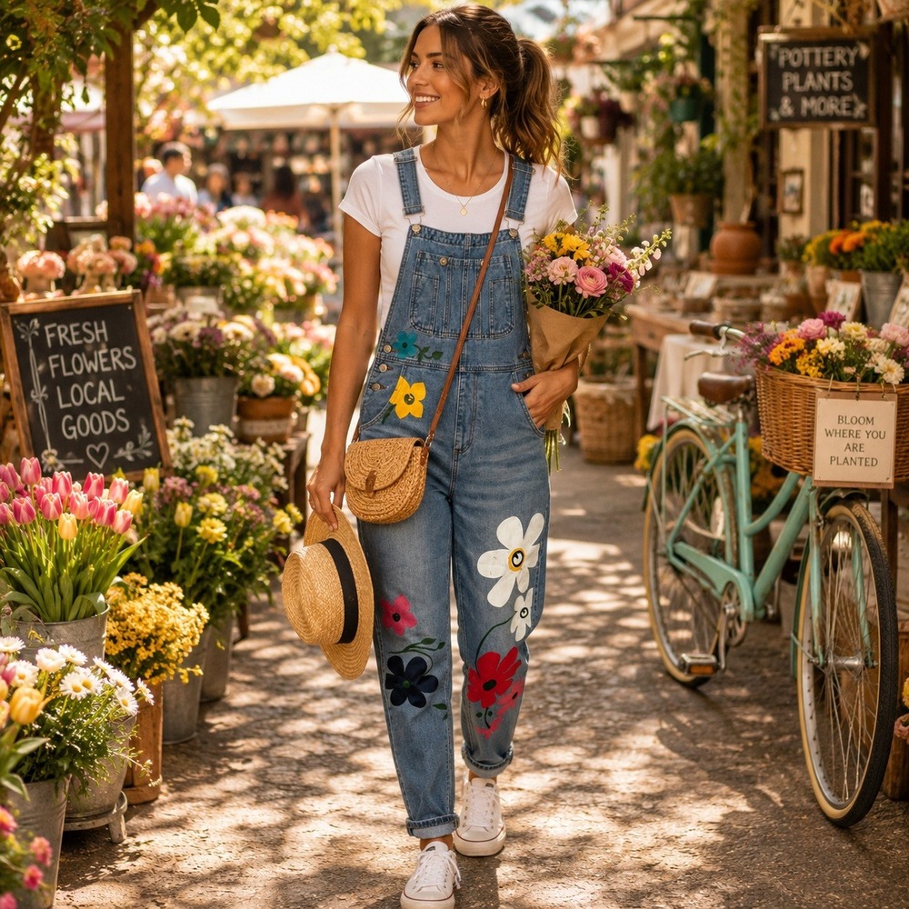 Misslook Painted Floral Denim Bib Overalls Womens S Art to Wear Boho Jumpsuit